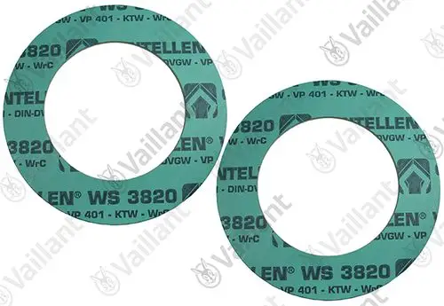 Vaillant Dichtungssatz aus zwei runden Dichtungen, grüne Oberfläche mit Produktkennzeichnung. Geeignet für unterschiedliche Anwendungen in Heizsystemen.